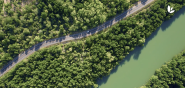 Birds eye view of a road surrounded by trees next to water