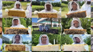 Collage of people posed in beekeeper suits, holding a honeycomb with bees on it.